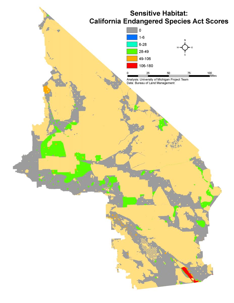 Map 4  Sensitive Habitat: California Endangered Species Act Scores. Tan areas represent excluded land.