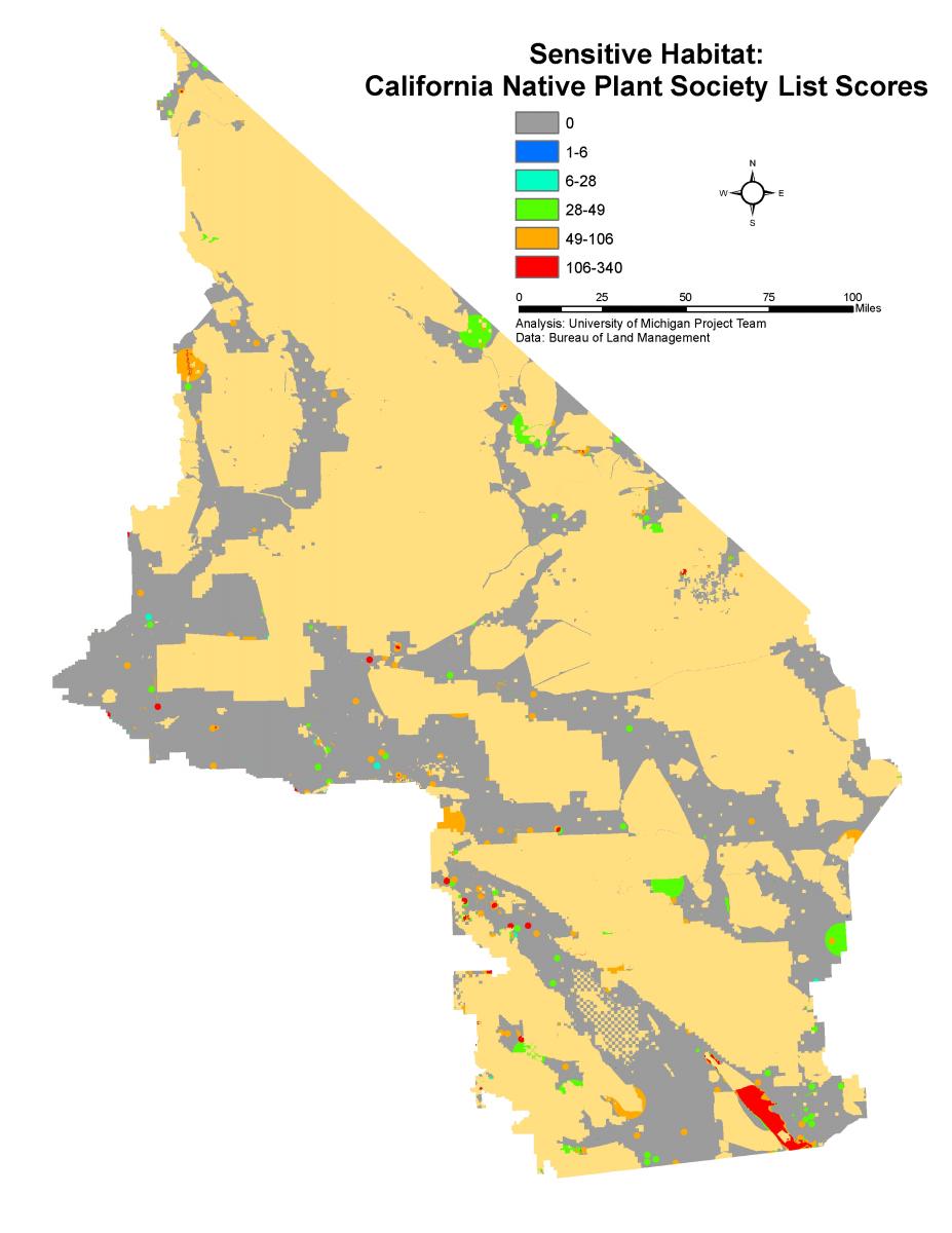 Map 5  Sensitive Habitat: California Native Plant Society List Scores. Tan areas represent excluded land.
