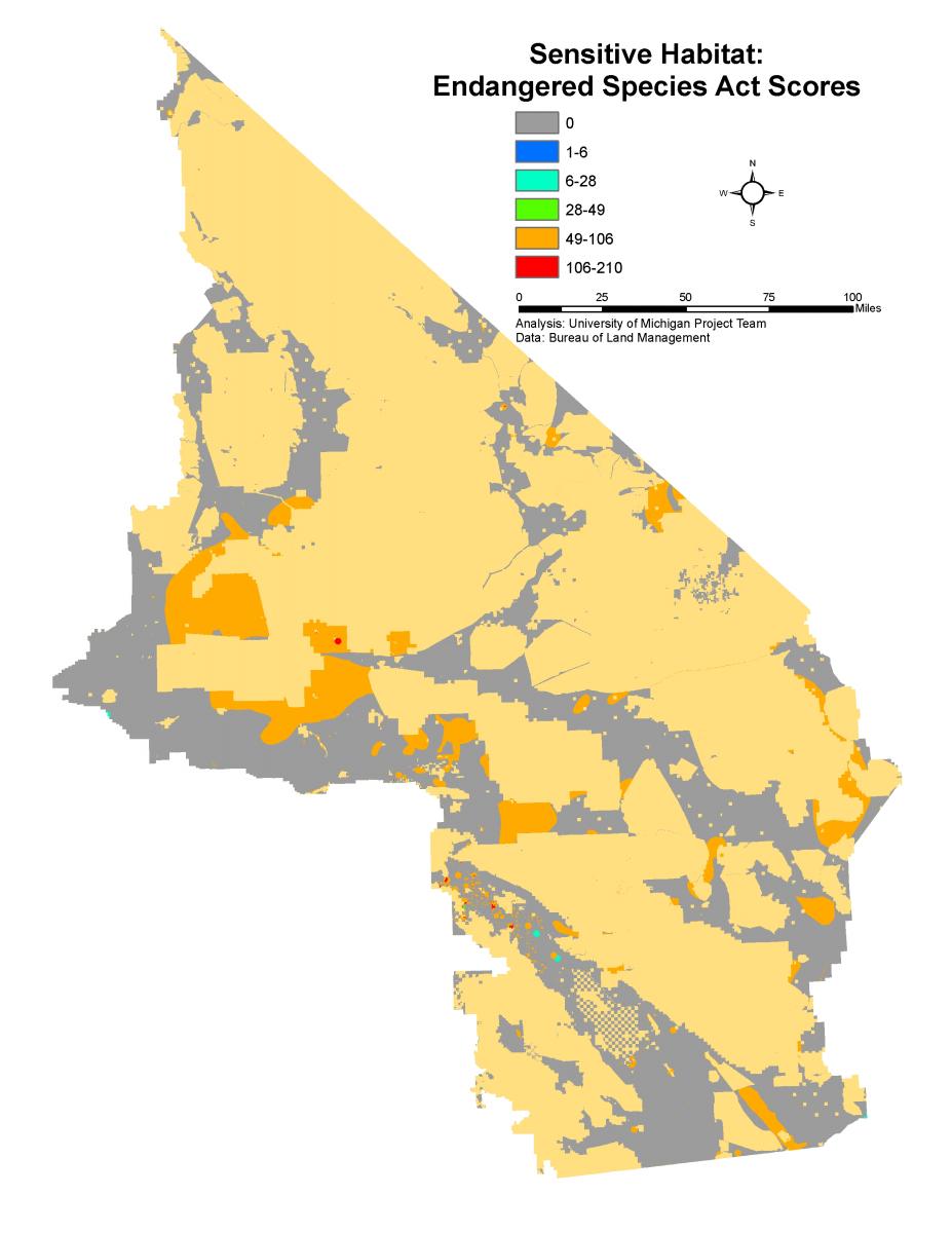 Map 3  Sensitive Habitat: Federal Endangered Species Act Scores. Tan areas represent excluded land.