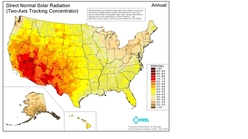 Map 1 United States Solar Radiation Resource Map. Source: U.S. Department of Energy.