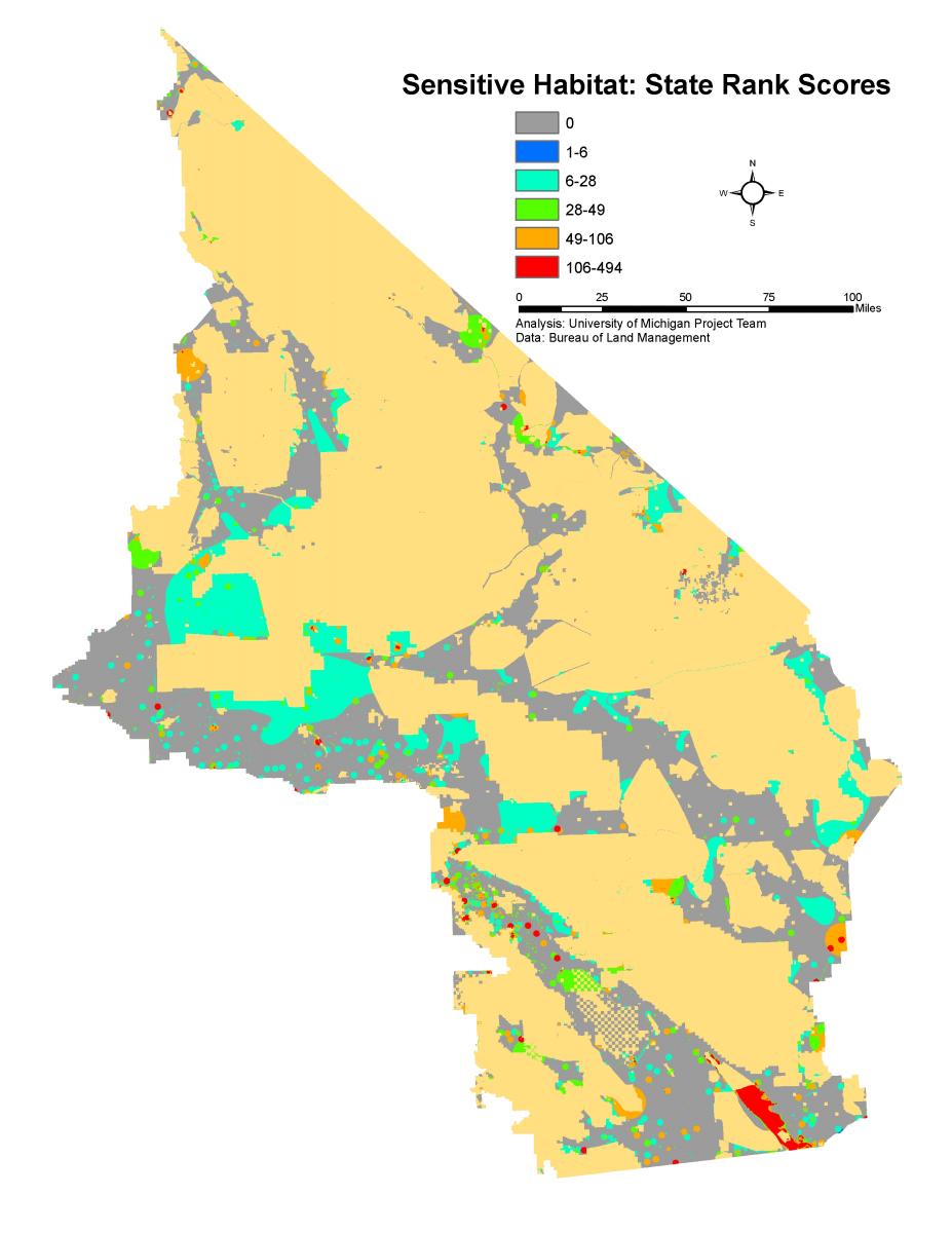 Map 2  Sensitive Habitat: State Rank Scores. Tan areas represent excluded land.