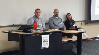 Image of panelists in "Modalities of Construction, Collaboration, and Conversation in Game-Based Pedagogies" at the 2015 Computers & Writing Conference. Saturday May 31, 2015, 8:30-9:45am, Menomonie WI. Robert Gilmore, Richard Colby, and Rebeckah Shultz