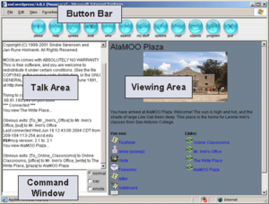 A screenshot of the EnCore MOO interface. According to Bump, the interface combined textual elements on the left with images on the right, providing users with an exceptional visual and verbal experience.