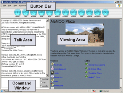 A screenshot of the EnCore MOO interface (c. 1995). According to Bump, the interface combined textual elements on the left with images on the right, providing users with an exceptional visual and verbal experience.